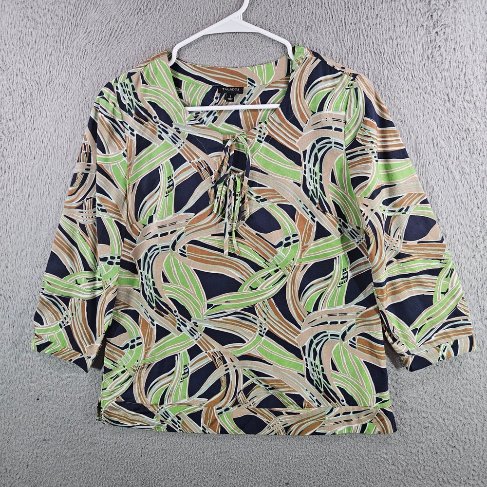 Talbots Silk Cotton Abstract Swirl Print Tie Neck Blouse Green Navy Womens Sz 2
